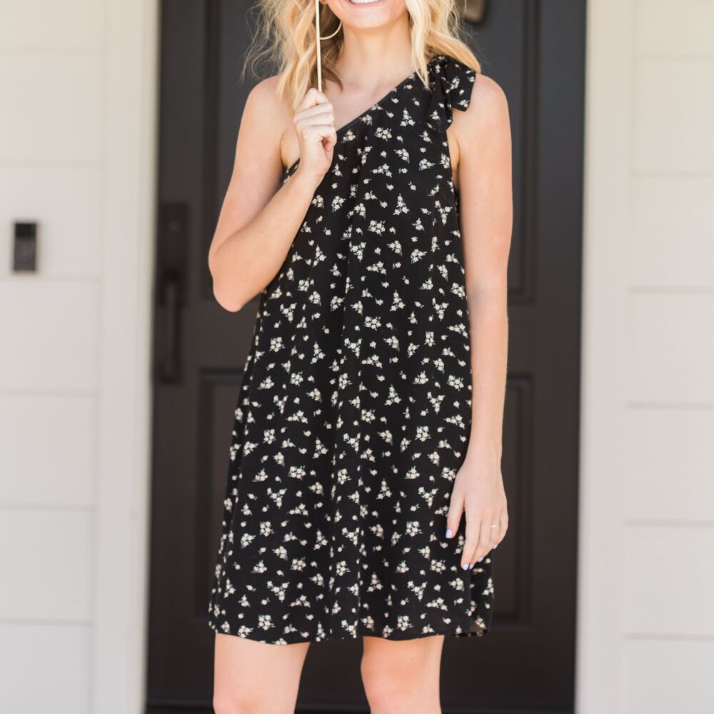 Black Floral One-Shoulder Mini Dress